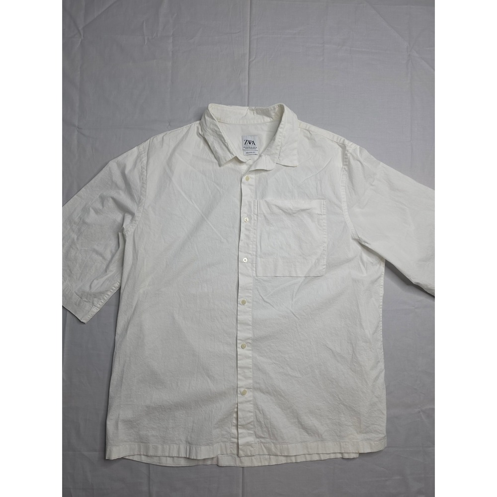 Zara Shirt Mens XL White Pocket Short Sleeve Button-Up Relaxed Fit Everyday Wear